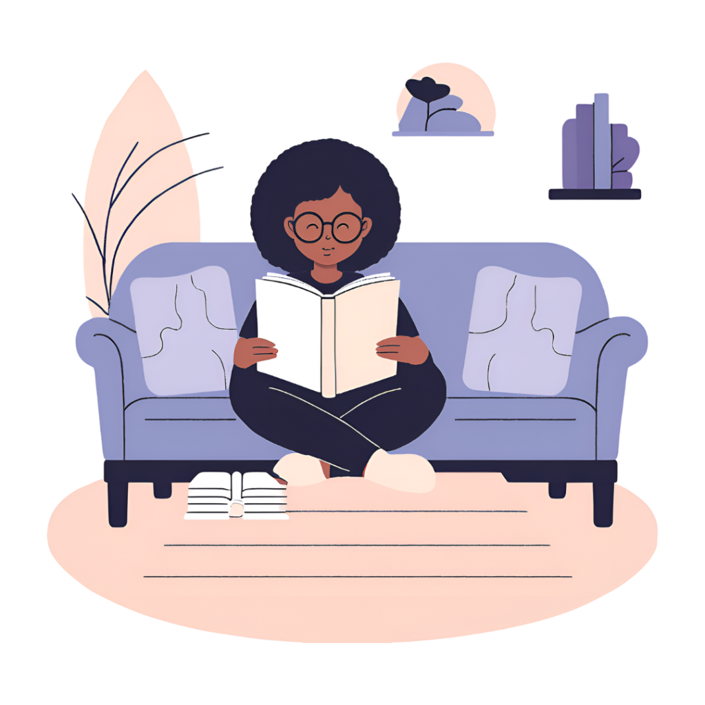 Black woman with an afro wearing glasses sitting comfortably in a sofa reading a book about a mental health lifestyle blog