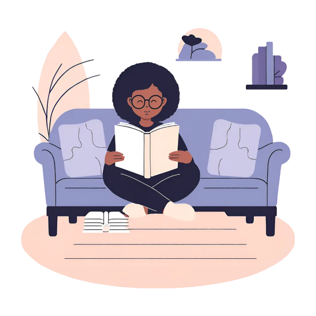 black woman wearing round glasses and an afro seating in a sofa reading about a mental health lifestyle blog