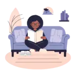 Girl with glasses reading a book while comfortably sitting in a sofa, aesthetic picture for about me page from a cozy blog about Mental health and lifestyle.