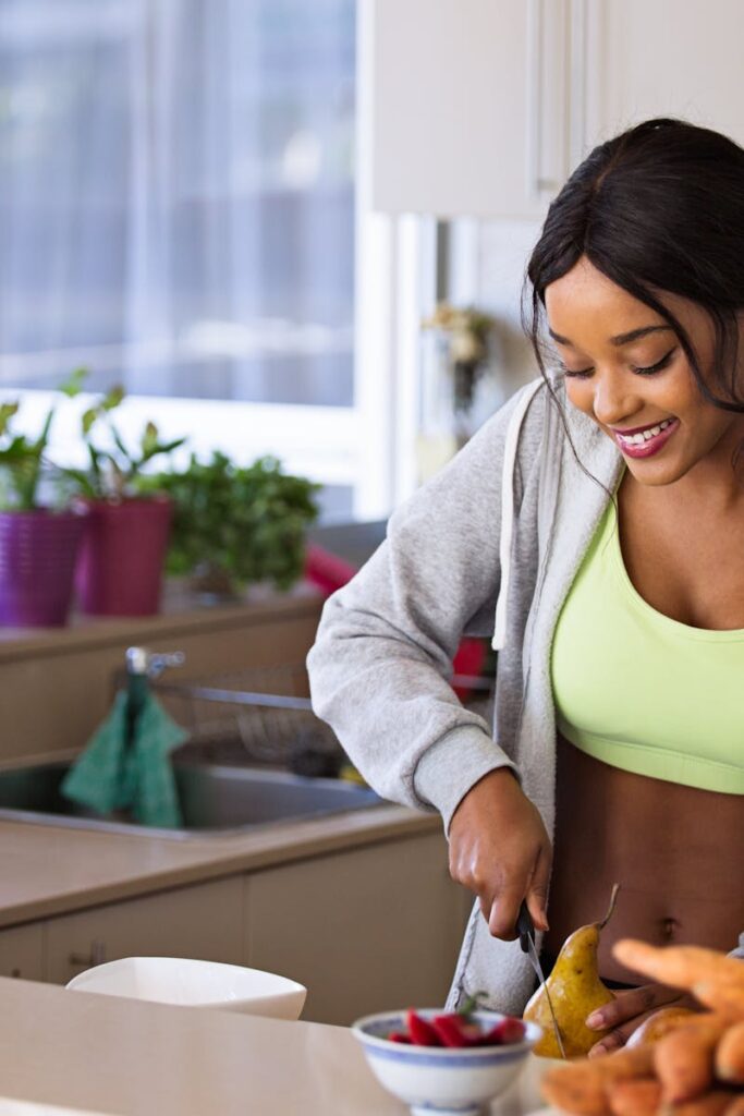 Woman Slicing Gourd, happily embracing mindful living and emotional healing