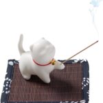 Incense Holder Handmade Ceramic cat Incense Burner Insence-Stick Holder with Bamboo Mat Cute Cat Decor self-care ritual tools