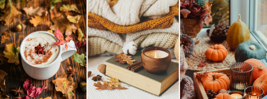 A cozy reading nook illustrating autumn reset rituals with blankets, candles, and warm tea.